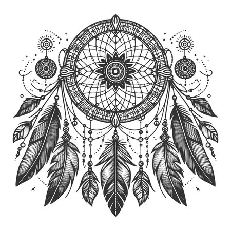 dreamcatcher with feathers and beads in black and white, featuring ornate mandala-style center and tribal elements sketch engraving vector illustration. Scratch board. Black and white.のイラスト素材