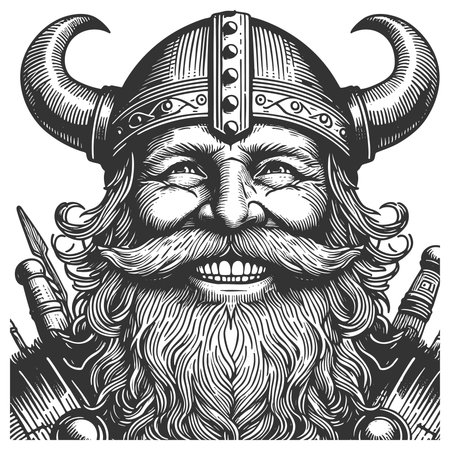 cheerful Viking warrior with horned helmet sketch engraving generative ai fictional character vector illustration. Scratch board imitation. Black and white image.の素材