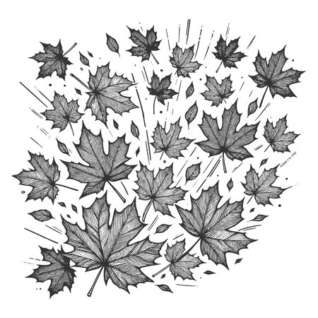 scattered maple leaves in various sizes, creating a dynamic and decorative autumn-inspired pattern sketch engraving vector illustration. Scratch board imitation. Black and white image.のイラスト素材