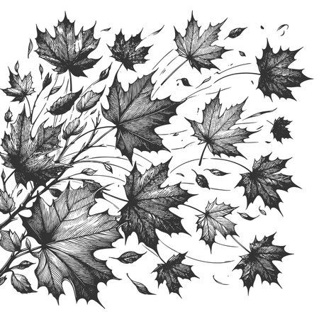 scattered maple leaves in various sizes, creating a dynamic and decorative autumn-inspired pattern sketch engraving vector illustration. Scratch board imitation. Black and white image.のイラスト素材