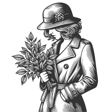 woman in a trench coat holding a bouquet of leafy branches, gazing thoughtfully to the side sketch engraving fictional character vector illustration. Scratch board. Black and white imageのイラスト素材