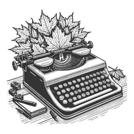 typewriter surrounded by autumn leaves, books, a desk lamp, and a pen on a wooden table sketch engraving vector illustration. Scratch board imitation. Black and white image.のイラスト素材