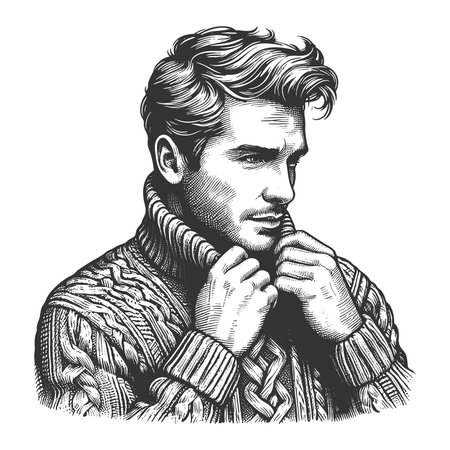 handsome man wearing a thick cable-knit turtleneck sweater, styled in a classic engraved portrait sketch engraving generative ai fictional character vector illustration. Scratch board. Black and whiteの素材