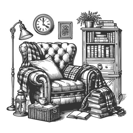 comfortable armchr with pillows and blanket, side table with tea, lamp, and stacked books sketch engraving vector illustration. Scratch board imitation. Black and white image.のイラスト素材