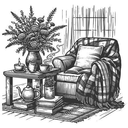 comfortable armchr with pillows and blanket, side table with tea, lamp, and stacked books sketch engraving vector illustration. Scratch board imitation. Black and white image.のイラスト素材