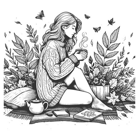 young woman in a knitted sweater and hat, sitting cross-legged on a blanket with hot drink sketch engraving generative ai fictional character vector illustration. Scratch board. Black and white image.の素材