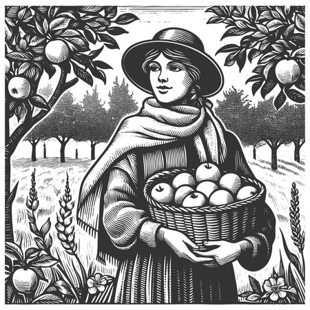 young woman in a wide-brim hat holding a basket of apples, standing in a fruit orchard sketch engraving generative ai fictional character vector illustration. Scratch board. Black and white image.の素材
