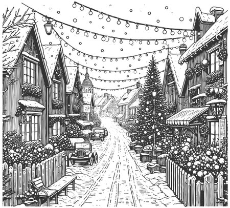 festive village street with snow-covered houses, decorated lampposts, and string lights during winter sketch engraving vector illustration. Scratch board imitation. Black and white imageのイラスト素材