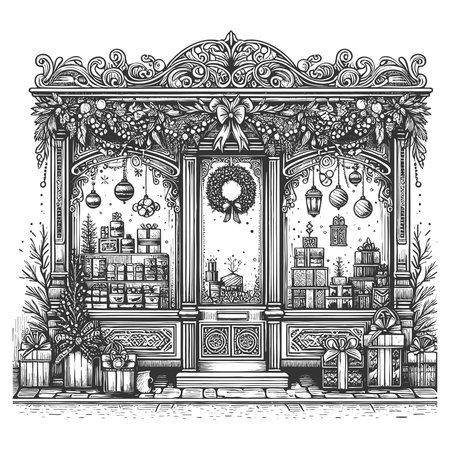 shop decorated for Christmas, featuring wreaths, reindeer figures, garlands, and wrapped gifts outside sketch engraving generative ai vector illustration. Scratch board. Black and white image.の素材