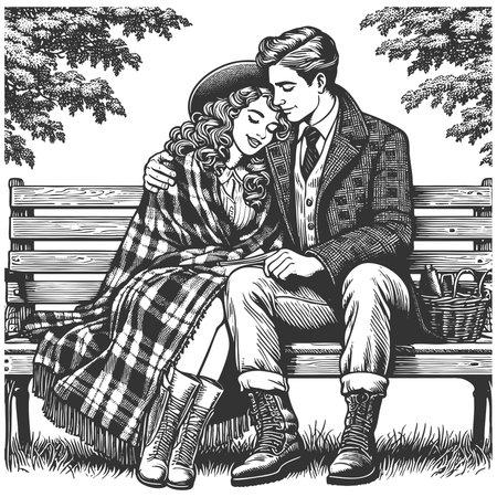 loving couple cuddling under a blanket on a park bench surrounded by autumn leaves sketch engraving generative ai fictional character vector illustration. Scratch board imitation. Black and white.の素材