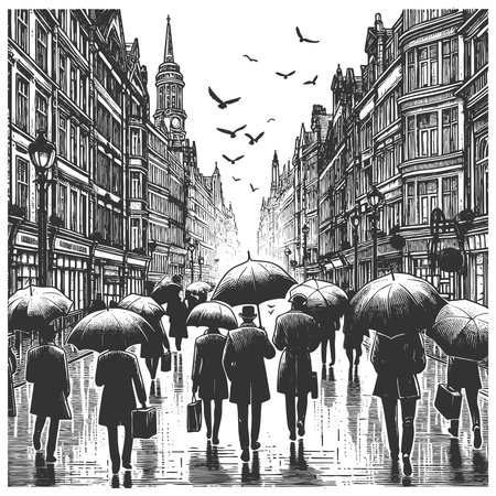 rainy city street with pedestrians holding umbrellas, walking between tall historic buildings sketch engraving generative ai vector illustration. Scratch board imitation. Black and white image.の素材