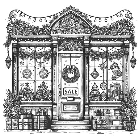 shop decorated for Christmas, featuring wreaths, reindeer figures, garlands, and wrapped gifts outside sketch engraving vector illustration. Scratch board. Black and white image.のイラスト素材
