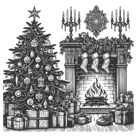 decorated Christmas tree beside a fireplace with stockings, garlands, and wrapped presents in a cozy room sketch engraving vector illustration. Scratch board. Black and white image.のイラスト素材
