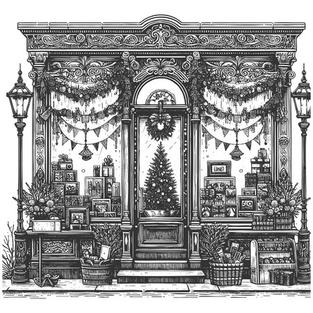 shop decorated for Christmas, featuring wreaths, reindeer figures, garlands, and wrapped gifts outside sketch engraving generative ai vector illustration. Scratch board. Black and white image.の素材