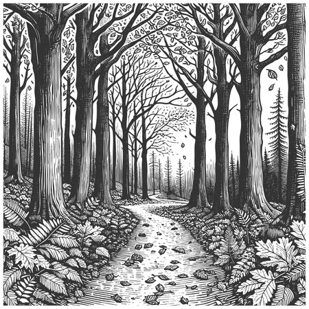 winding path through a dense forest with tall trees, ferns, and scattered leaves on the ground sketch engraving vector illustration. Scratch board imitation. Black and white image.のイラスト素材