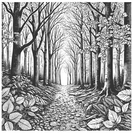 winding path through a dense forest with tall trees, ferns, and scattered leaves on the ground sketch engraving vector illustration. Scratch board imitation. Black and white image.のイラスト素材