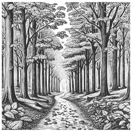 winding path through a dense forest with tall trees, ferns, and scattered leaves on the ground sketch engraving generative ai vector illustration. Scratch board imitation. Black and white image.の素材
