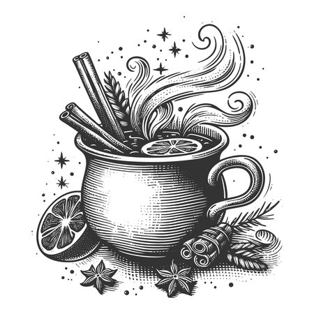 hot mulled wine in a cup with citrus slice, cinnamon sticks, and aromatic spices for winter warmth sketch engraving vector illustration. Scratch board imitation. Black and white image.のイラスト素材