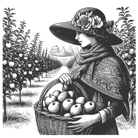 young woman in a wide-brim hat holding a basket of apples, standing in a fruit orchard sketch engraving generative ai fictional character vector illustration. Scratch board. Black and white image.の素材