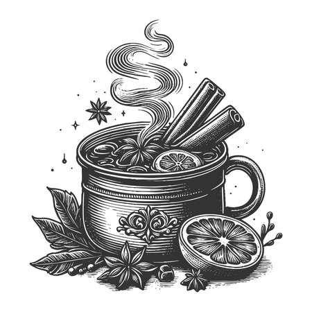 hot mulled wine in a cup with citrus slice, cinnamon sticks, and aromatic spices for winter warmth sketch engraving vector illustration. Scratch board imitation. Black and white image.のイラスト素材