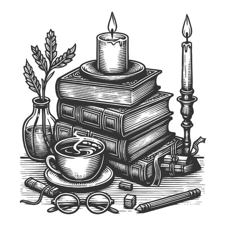 books with a steaming coffee cup on top, surrounded by candles, leaves, and reading glasses sketch engraving generative ai vector illustration. Scratch board imitation. Black and white image.の素材
