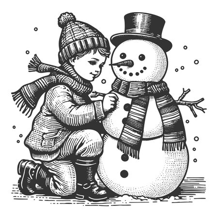 child in winter clothes placing a carrot nose on a smiling snowman with scarf and hat sketch engraving generative ai fictional character vector illustration. Scratch board imitation. Black and white.の素材