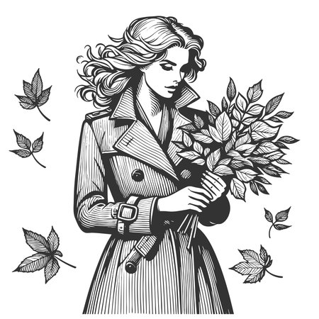 woman in a trench coat holding a bouquet of leafy branches, gazing thoughtfully to the side sketch engraving generative ai fictional character vector illustration. Scratch board. Black and white imageの素材