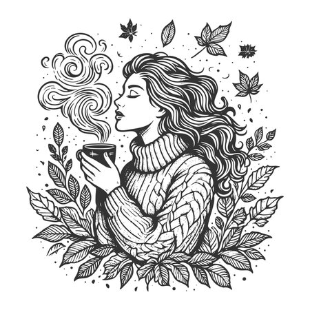 young woman in a knitted sweater and hat, sitting cross-legged on a blanket with hot drink sketch engraving generative ai fictional character vector illustration. Scratch board. Black and white image.の素材