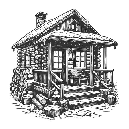 rustic log cabin with a front porch, hanging lanterns, and neatly stacked firewood sketch engraving vector illustration. Scratch board imitation. Black and white image.のイラスト素材