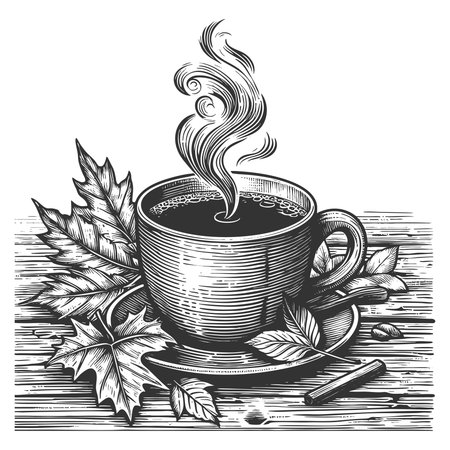 steaming coffee cup surrounded by oak leaves, acorns, and coffee beans on wood sketch engraving vector illustration. Scratch board imitation. Black and white image.のイラスト素材