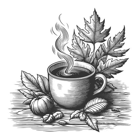 steaming coffee cup surrounded by oak leaves, acorns, and coffee beans on wood sketch engraving vector illustration. Scratch board imitation. Black and white image.のイラスト素材