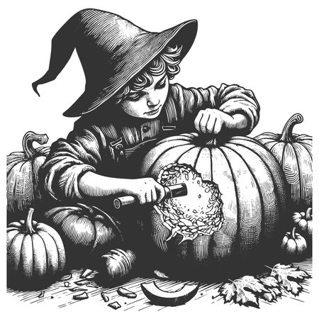 young boy carefully carving a jack-o-lantern face into a pumpkin for Halloween sketch engraving fictional character vector illustration. Scratch board imitation. Black and white image.のイラスト素材