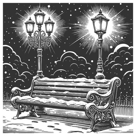 snow-covered park bench under a glowing lamppost on a winter night with falling snow sketch engraving vector illustration. Scratch board imitation. Black and white image.のイラスト素材