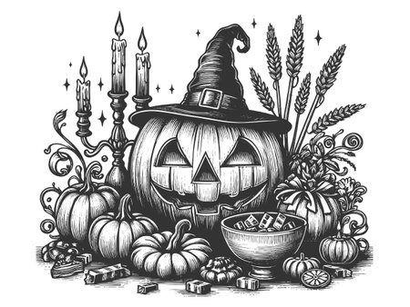 carved jack-o-lantern surrounded by lit candles, assorted sweets, and pumpkins in a festive arrangement sketch engraving vector illustration. Scratch board. Black and white image.のイラスト素材
