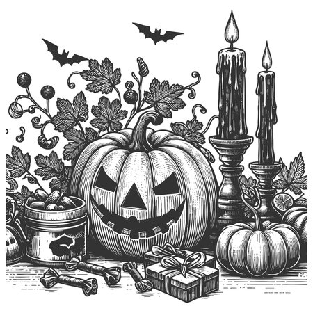 carved jack-o-lantern surrounded by lit candles, assorted sweets, and pumpkins in a festive arrangement sketch engraving vector illustration. Scratch board. Black and white image.のイラスト素材