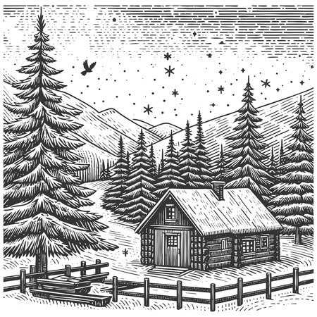 rustic log cabin surrounded by tall pine trees and snow, with a wooden fence in the foreground sketch engraving generative ai vector illustration. Scratch board imitation. Black and white image.の素材