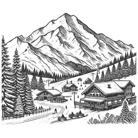 ski lodge surrounded by pine trees and mountains, with skiers on snowy slopes nearby sketch engraving generative ai fictional character vector illustration. Scratch board. Black and white image.の素材