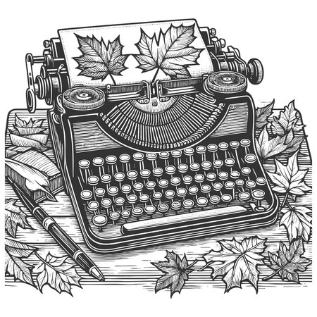 typewriter surrounded by autumn leaves, books, a desk lamp, and a pen on a wooden table sketch engraving vector illustration. Scratch board imitation. Black and white image.のイラスト素材