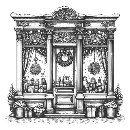 shop decorated for Christmas, featuring wreaths, reindeer figures, garlands, and wrapped gifts outside sketch engraving generative ai vector illustration. Scratch board. Black and white image.の素材