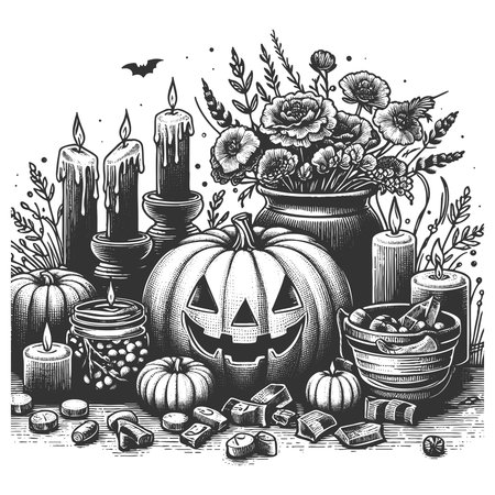 carved jack-o-lantern surrounded by lit candles, assorted sweets, and pumpkins in a festive arrangement sketch engraving generative ai vector illustration. Scratch board. Black and white image.の素材