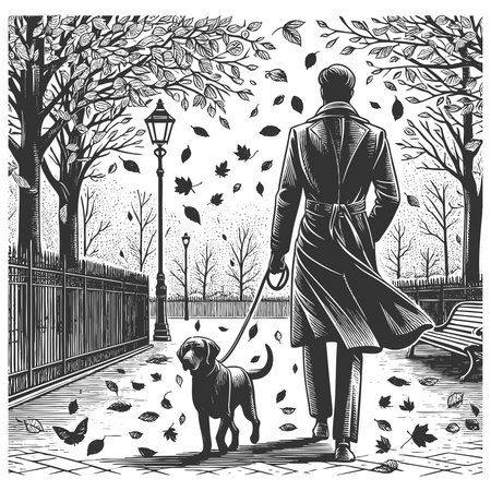 man in a trench coat and hat walking his dog along a leaf-strewn park path sketch engraving generative ai fictional character vector illustration. Scratch board imitation. Black and white image.の素材