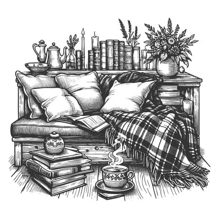 comfortable reading corner with pillows, plaid blanket, stacked books, and steaming tea sketch engraving generative ai vector illustration. Scratch board imitation. Black and white image.の素材