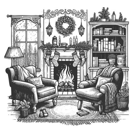 festive living room with armchrs, fireplace, stockings, wreath, and winter decorations sketch engraving vector illustration. Scratch board imitation. Black and white image.のイラスト素材