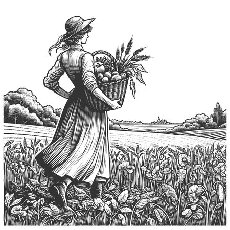 woman in a dress and hat carrying a basket of produce across a rural field sketch engraving generative ai fictional character vector illustration. Scratch board imitation. Black and white image.の素材