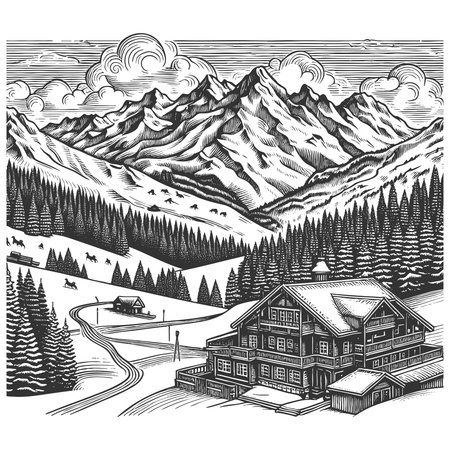 ski lodge surrounded by pine trees and mountns, with skiers on snowy slopes nearby sketch engraving fictional character vector illustration. Scratch board. Black and white image.のイラスト素材