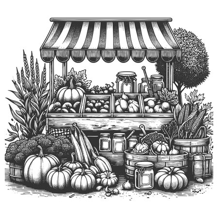 farmers market stand displaying fresh vegetables, pumpkins, jars of preserves, and herbs under a striped canopy sketch engraving generative ai vector illustration. Scratch board. Black and white imageの素材