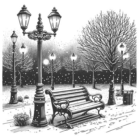 snow-covered park bench under a glowing lamppost on a winter night with falling snow sketch engraving generative ai vector illustration. Scratch board imitation. Black and white image.の素材