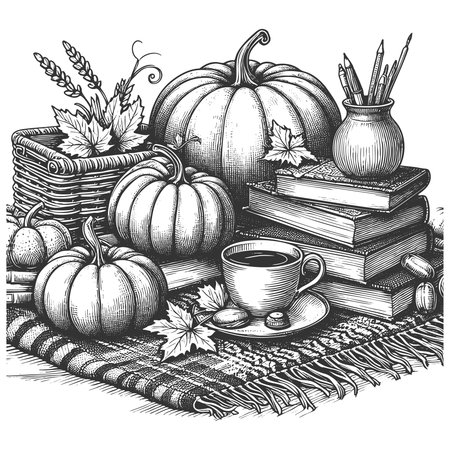 pumpkins, stacked books, coffee cup, basket, and autumn leaves on a patterned blanket sketch engraving generative ai vector illustration. Scratch board imitation. Black and white image.の素材