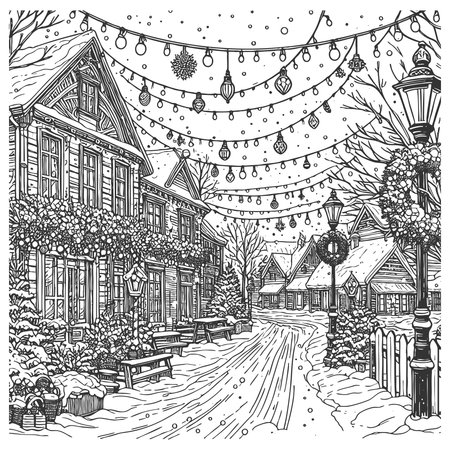 festive village street with snow-covered houses, decorated lampposts, and string lights during winter sketch engraving generative ai vector illustration. Scratch board imitation. Black and white imageの素材