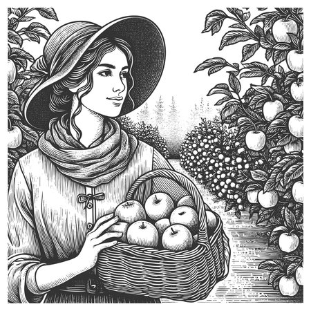 young woman in a wide-brim hat holding a basket of apples, standing in a fruit orchard sketch engraving generative ai fictional character vector illustration. Scratch board. Black and white image.の素材